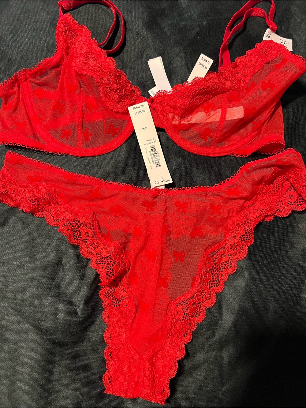 Victoria's Secret Red Sheer Lace Bra & Bikini Set